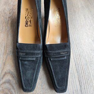 Vintage Salvatore Ferragamo Black Suede Penny Loafer Heels Square Toe 8.5 Italy